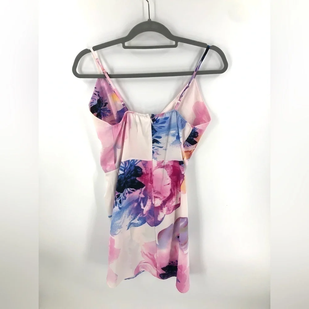 NLW Tropical Floral Mini Dress Womens Medium Faux Wrap Vacation Beach Fairy